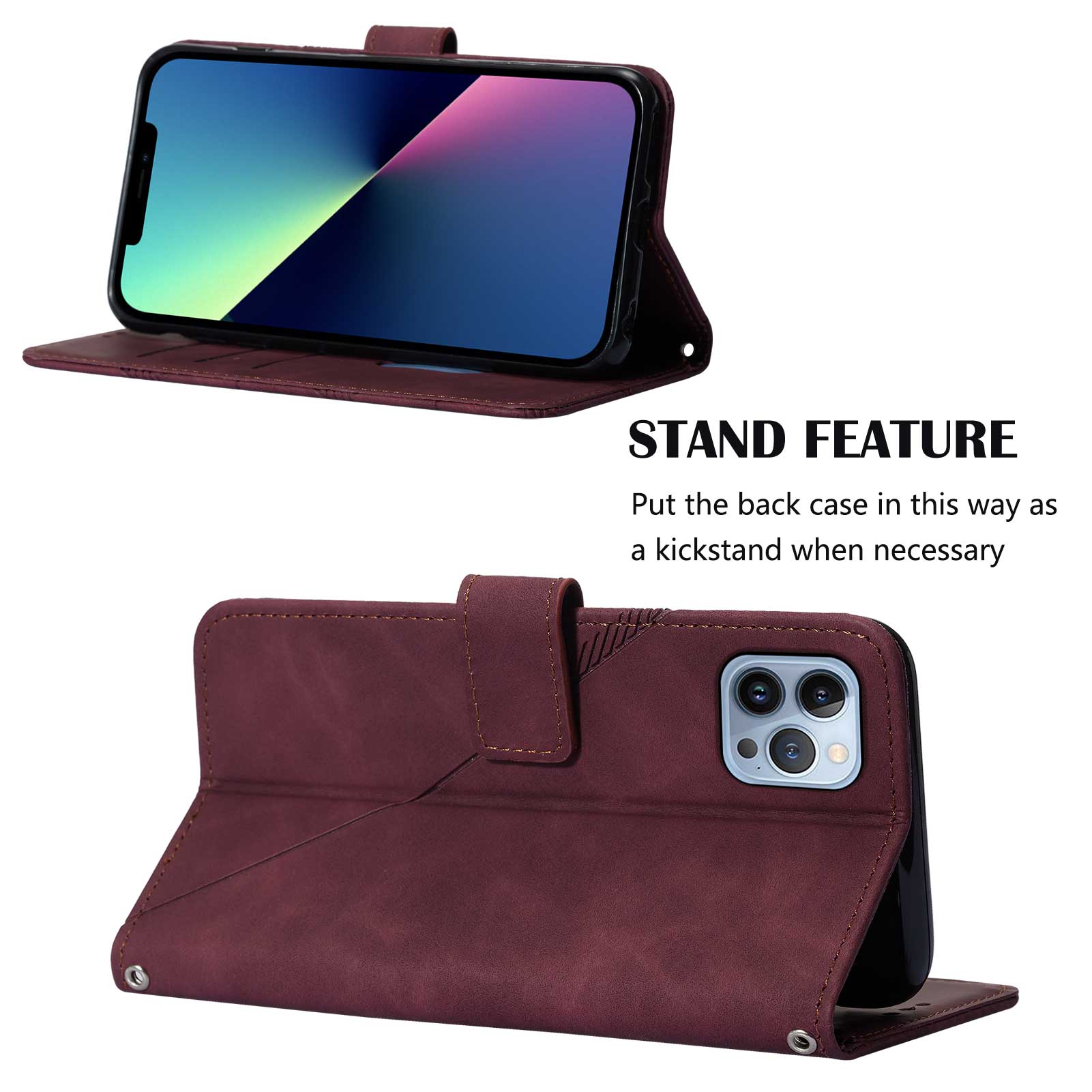 YB Imprinting Series-2 for iPhone 15 Pro Leather Wallet Phone Case Imprinted Stand Cover with Shoulder Strap - Wine Red YB Imprinting Series-2 for iPhone 15 Pro Leather Wallet Phone Case Imprinted Stand Cover with Shoulder Strap - Wine Red